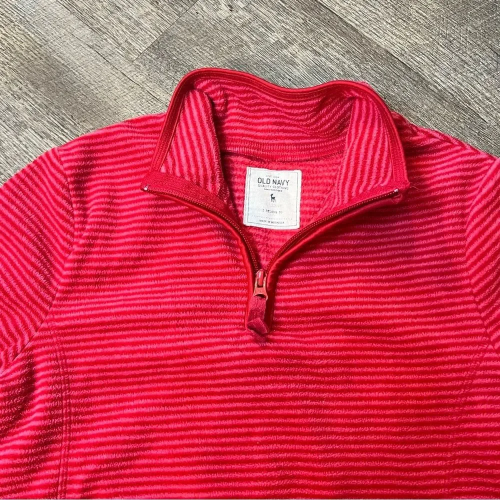 Old Navy Girls XL 14-16 Red Pink Stripe Quarter Zip Fleece Pullover Sweater